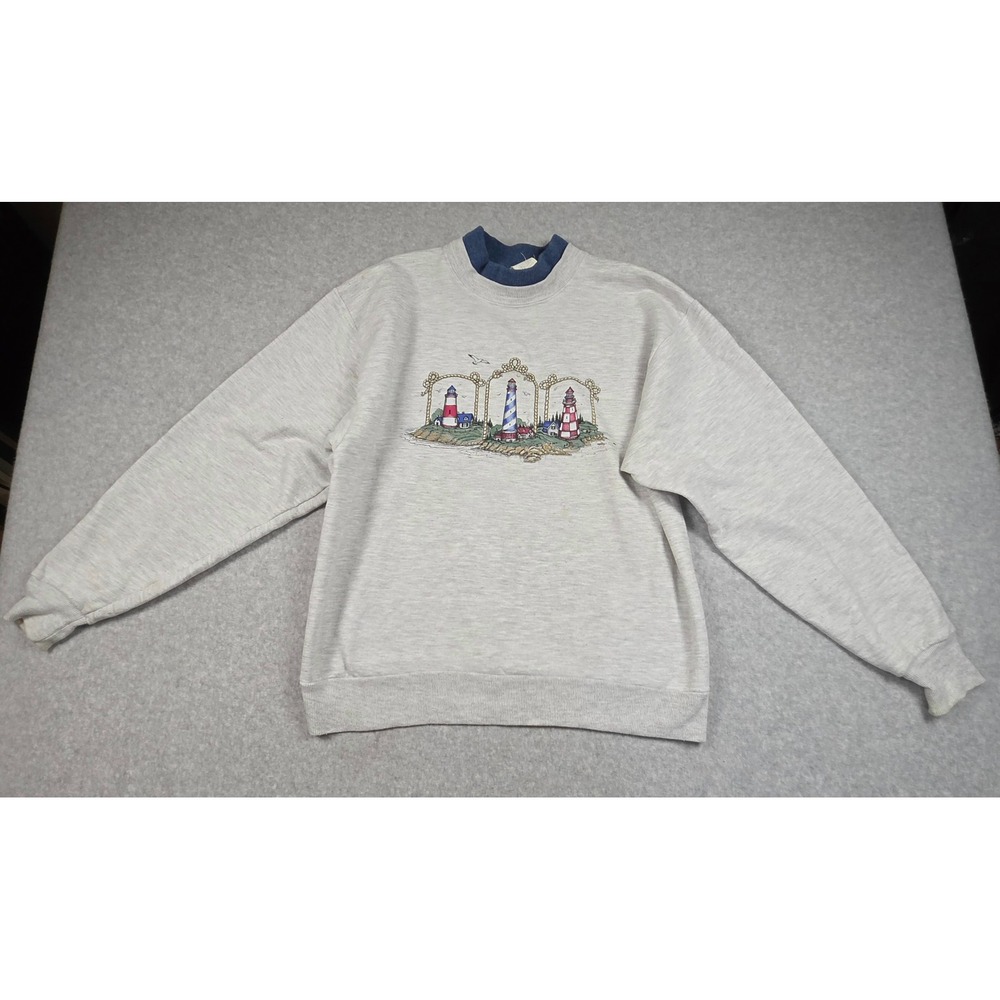 Morning Sun Vintage Lighthouse Mock Neck Sweatshirt Gray Grandmacore Small